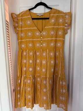 LOFT Mustard Yellow Floral Embroidered V-Neck Mini Dress